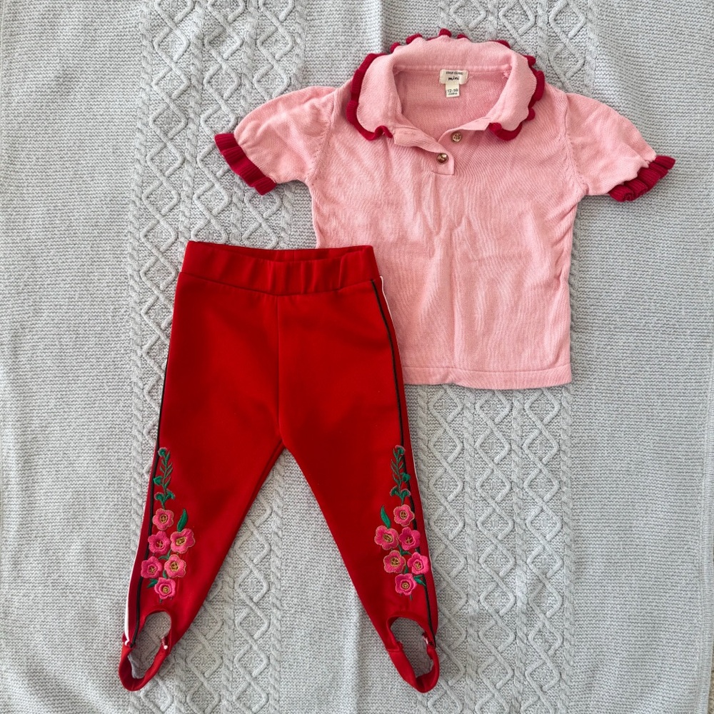 River Island Pink Knitted Polo & Red Stirrup Pants with Flower Appliqués